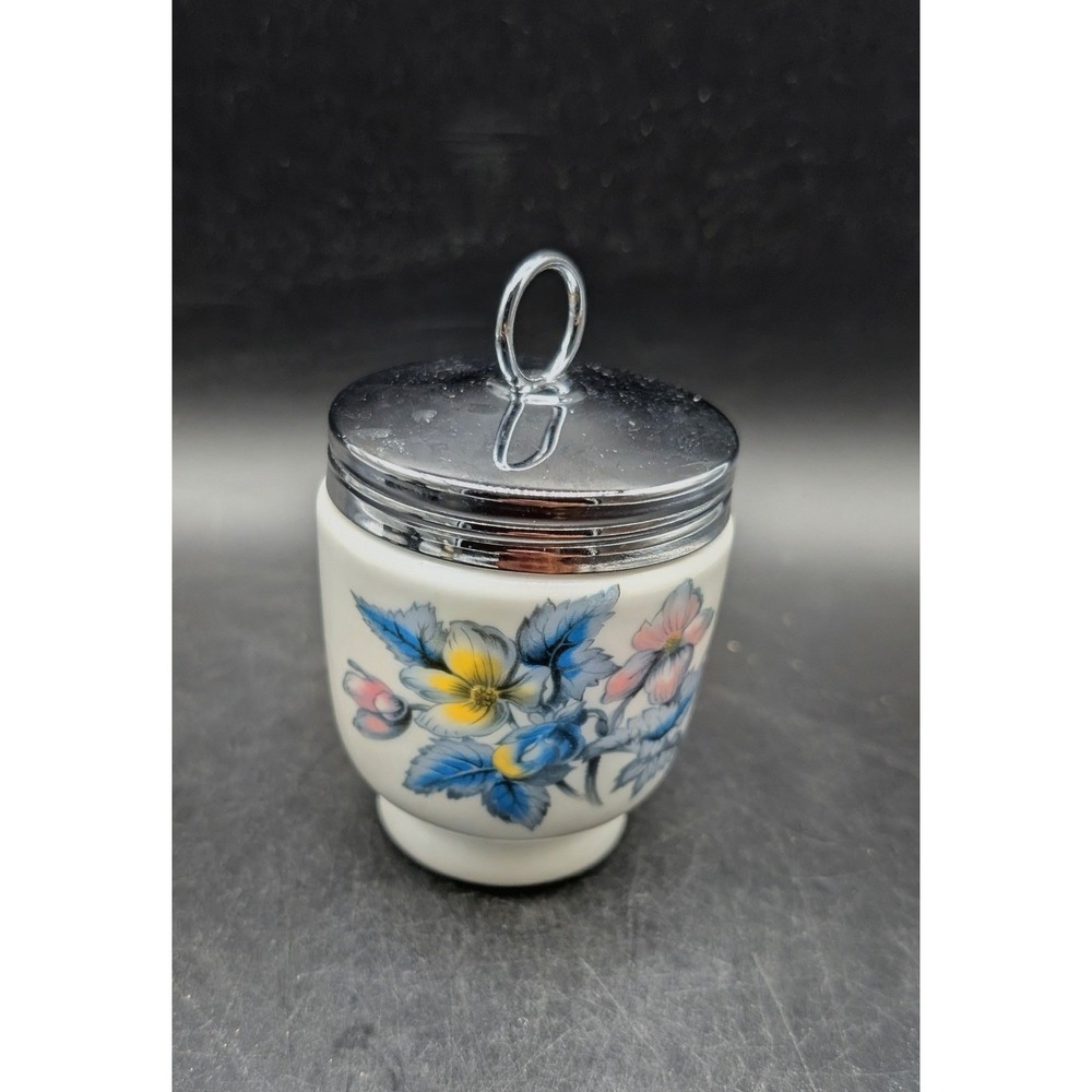 Royal Worcester Porcelain Egg Coddler Floral Made in England Chrome Lid Ring Top